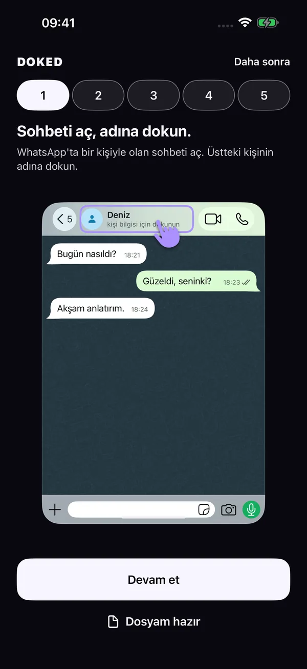 DOKED aktarım rehberi: WhatsApp’ta sohbeti aç ve kişinin adına dokun